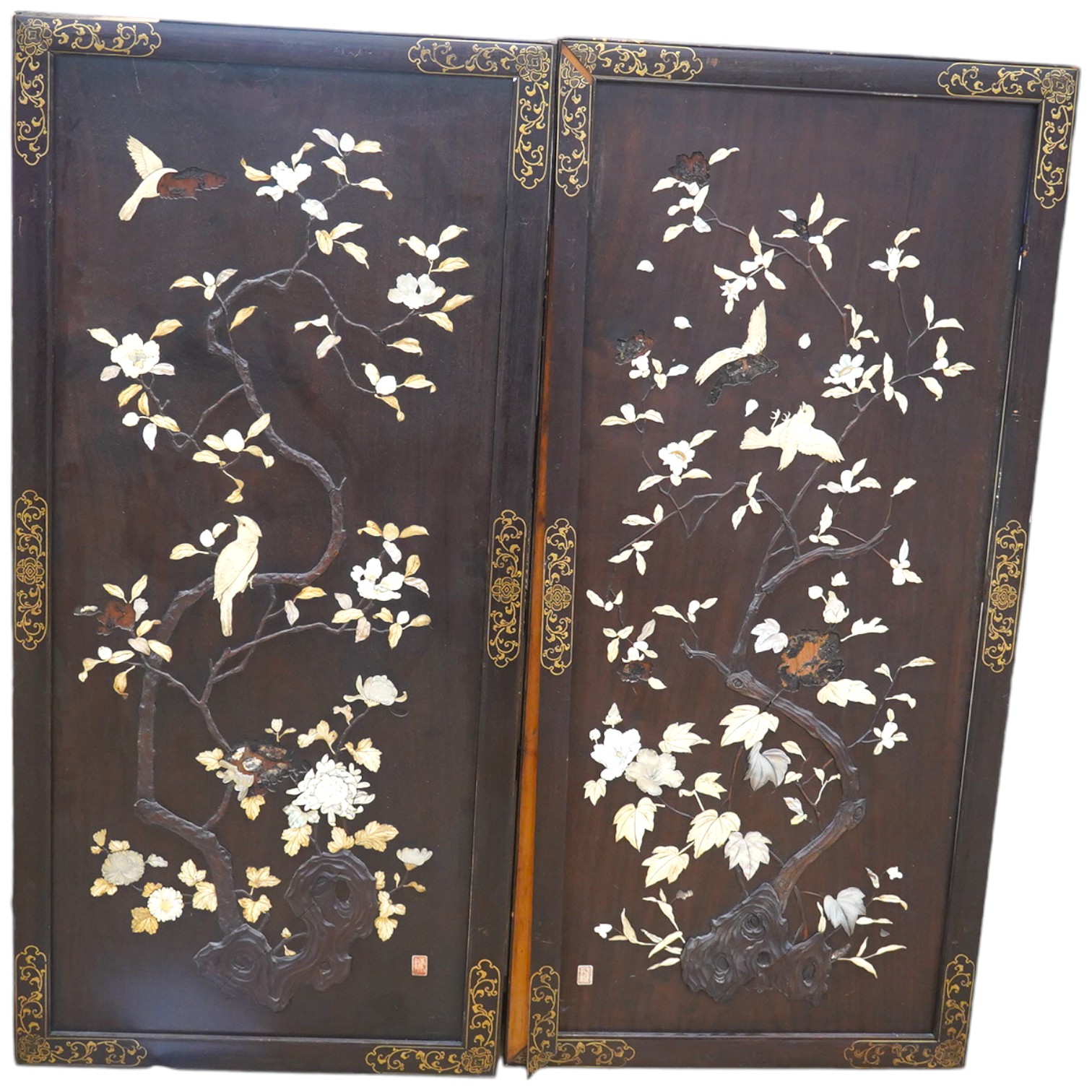 A pair of Japanese Shibayama panels, inlaid with mother of pearl, bone and ivory, Meiji period, 108cm high. CITES Submission reference 2QH2NWQC. Condition - some losses